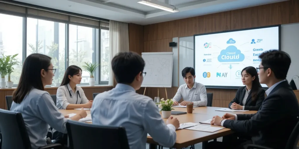 회의 중 클라우드 서비스에 대해 논의하는 모습