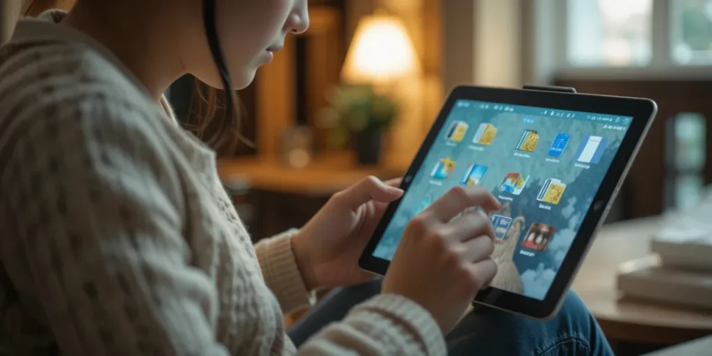 태블릿으로 클라우드 파일을 정리하는 모습