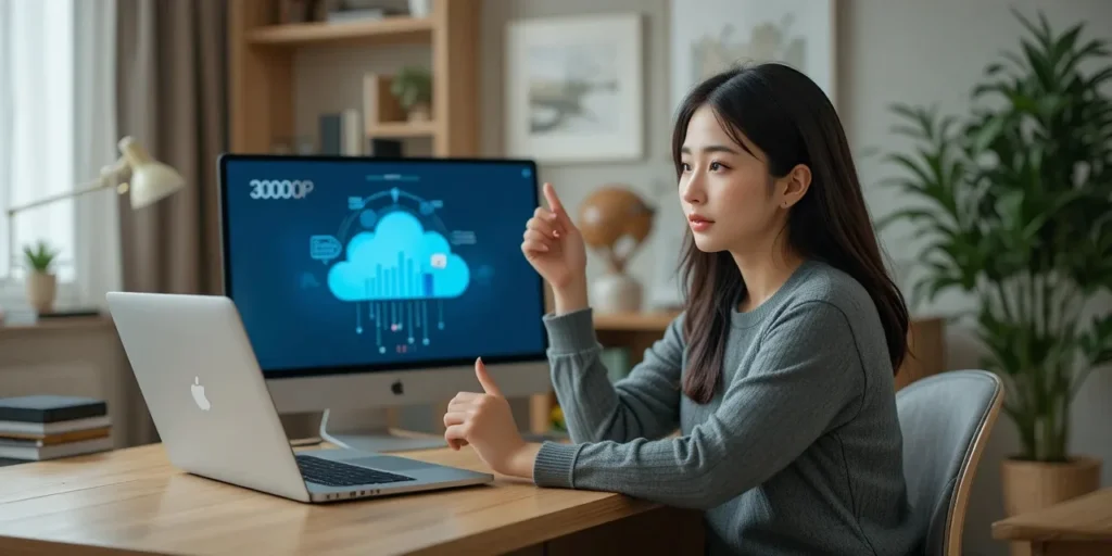 클라우드와 외장하드를 비교하는 여성의 모습