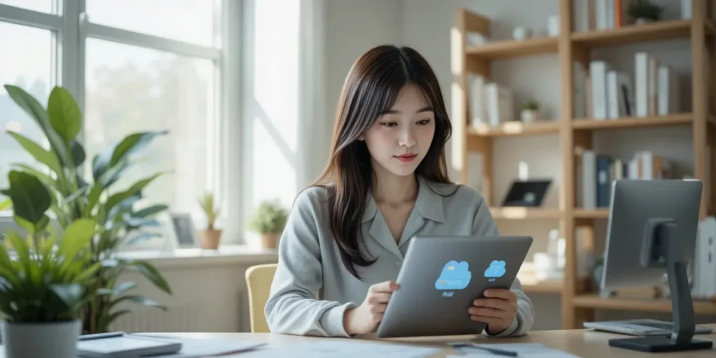 클라우드 동기화를 수행하는 여성 회사원의 모습