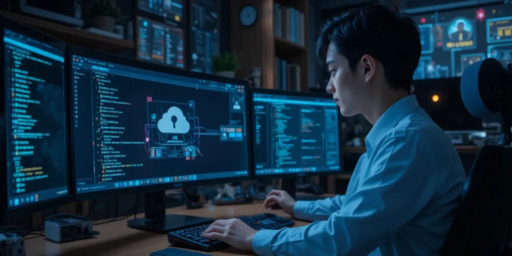 클라우드 보안 설정을 확인하는 남성의 모습