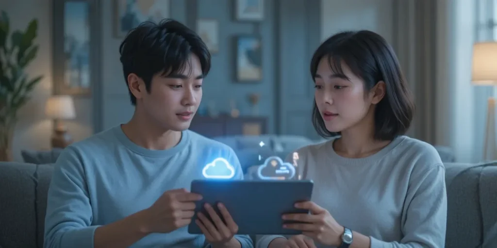 파일 백업 방식을 비교 중인 커플의 모습