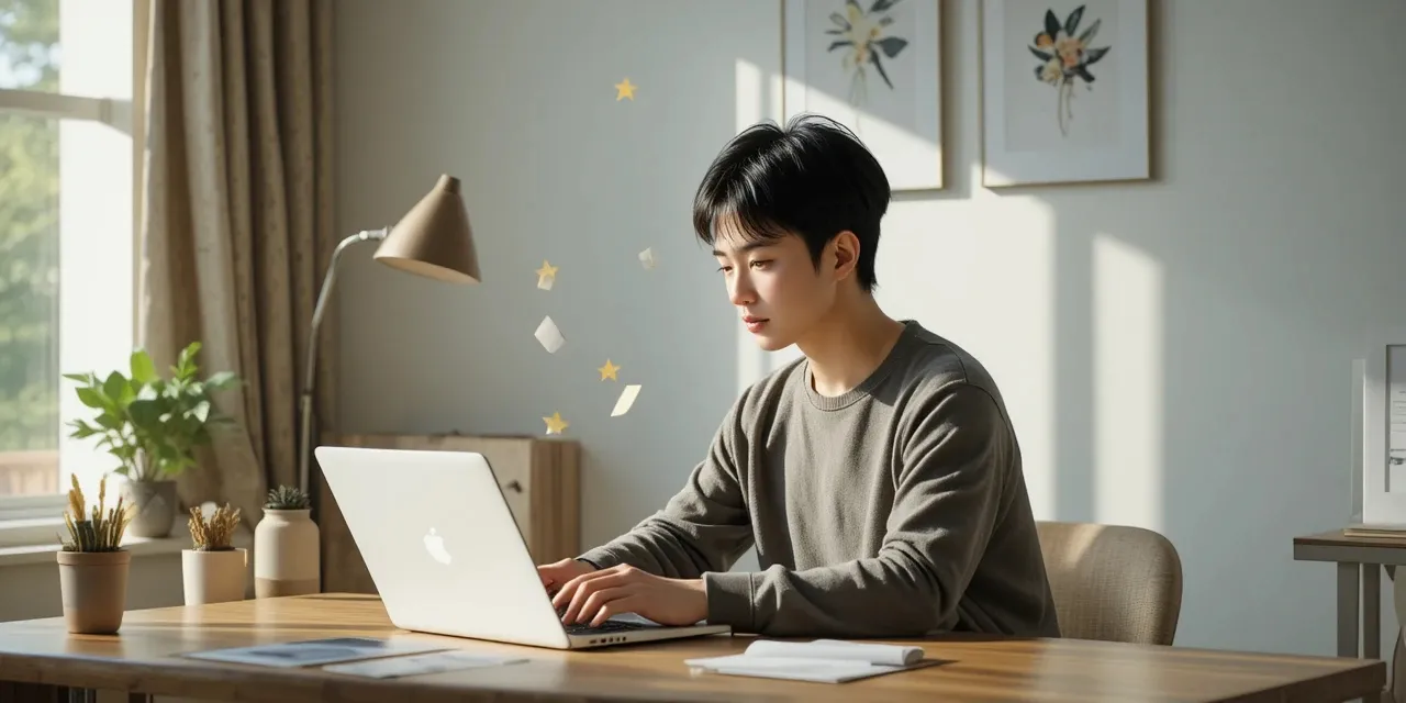 노트북으로 중고상품 목록을 살펴보는 남성의 모습