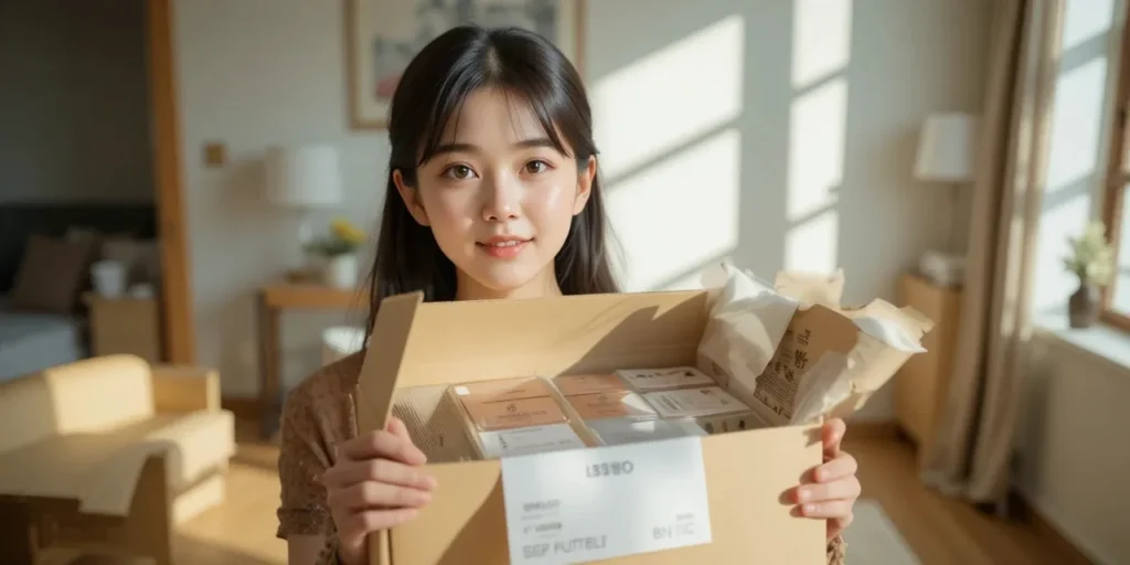 상품 박스를 개봉하는 여성의 모습