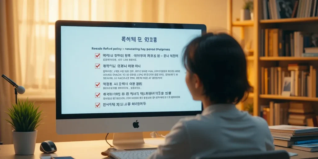 화면으로 환불 관련 안내를 읽는 모습