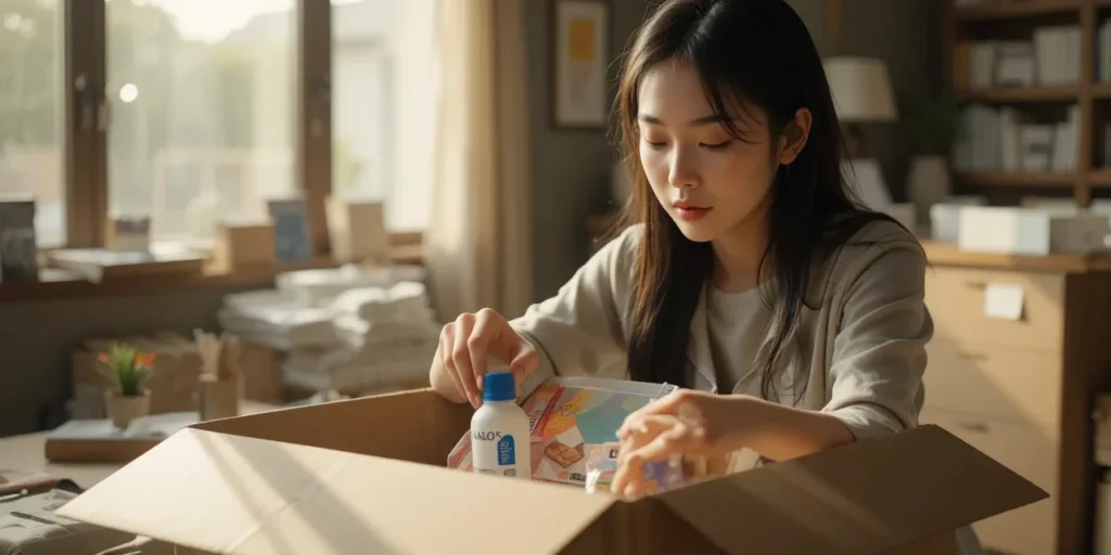 상자를 열고 제품을 정리하는 모습