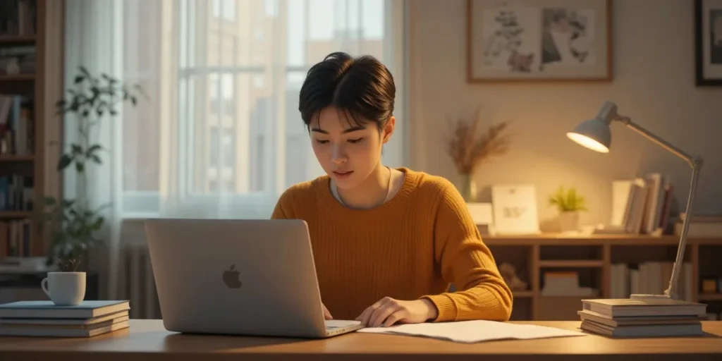 책상에서 세금 정리를 마무리하는 남성의 모습