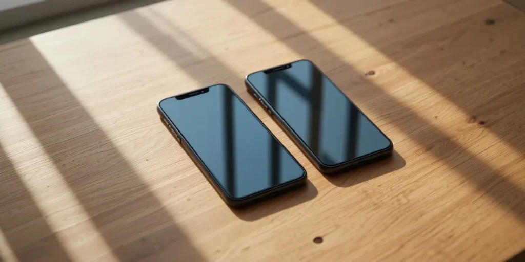 테이블 위에 놓인 스마트폰 비교 장면 모습