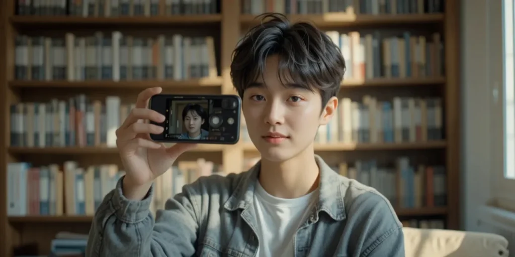 실내에서 아이폰으로 브이로그를 촬영하는 장면