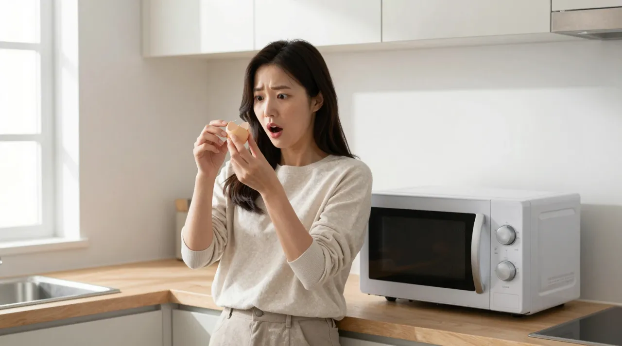 터진 계란을 들고 놀란 표정을 짓는 주부의 모습