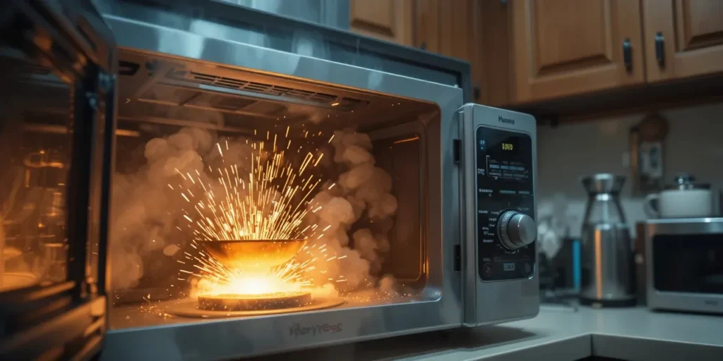 전자레인지 안에서 금속 숟가락에 불꽃이 튀는 모습
