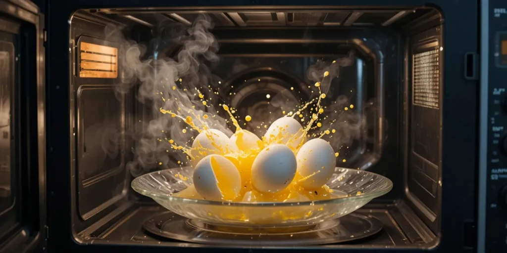 전자레인지 내부에 터진 계란 노른자가 튄 모습