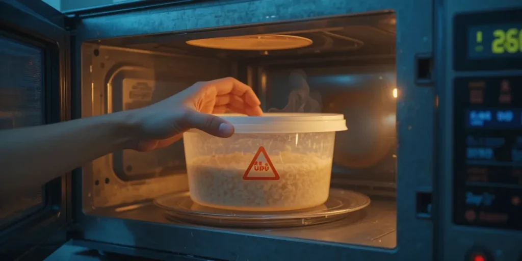 밀봉 용기를 전자레인지에 넣으려는 손의 모습