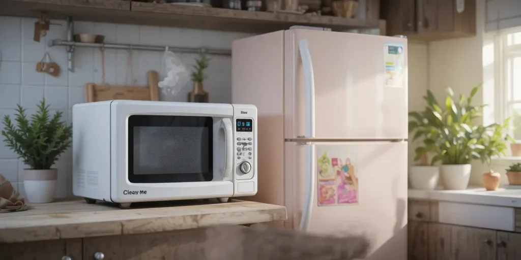 주방에서 전자레인지와 냉장고가 나란히 있는 모습