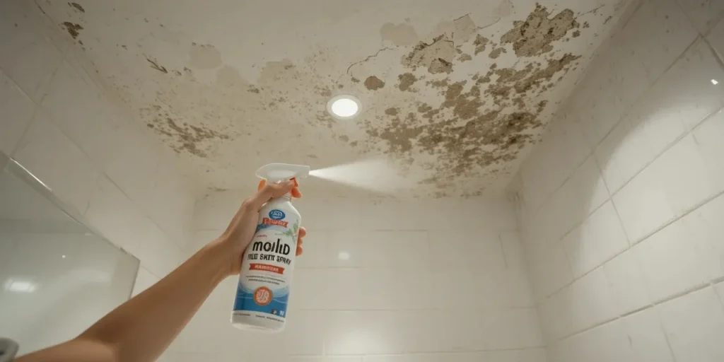욕실 천장에서 곰팡이 제거제를 뿌리는 모습