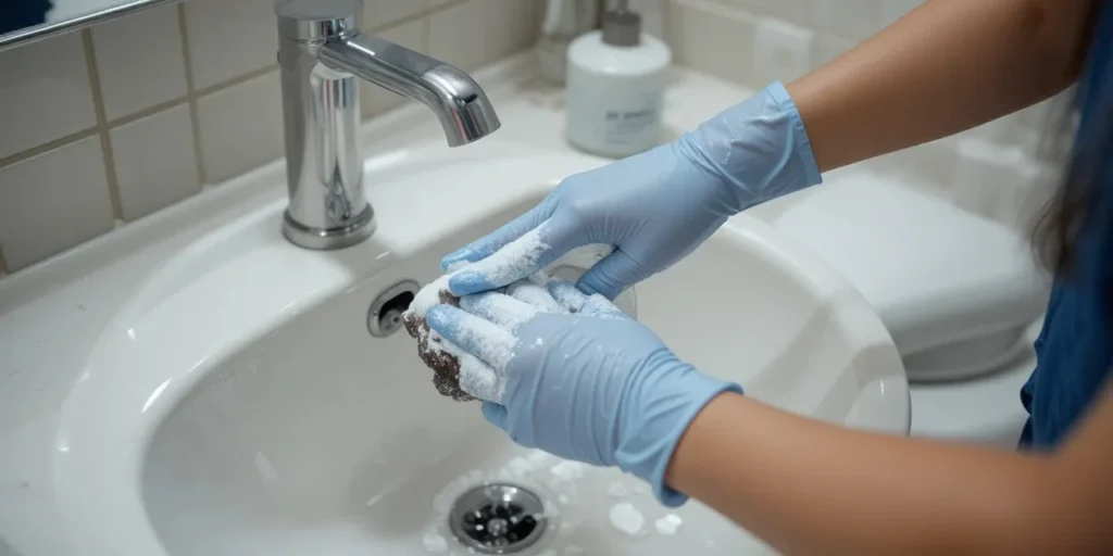 실리콘 틈새에 곰팡이 제거제를 꼼꼼히 바르는 모습