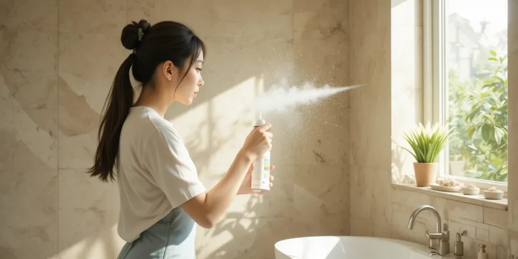 곰팡이 제거 후 방지 스프레이를 뿌리는 모습