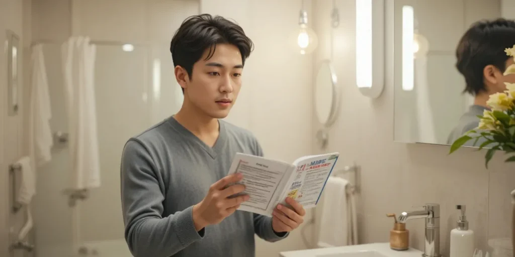 곰팡이 제거 제품의 사용 설명서를 읽는 남성의 모습