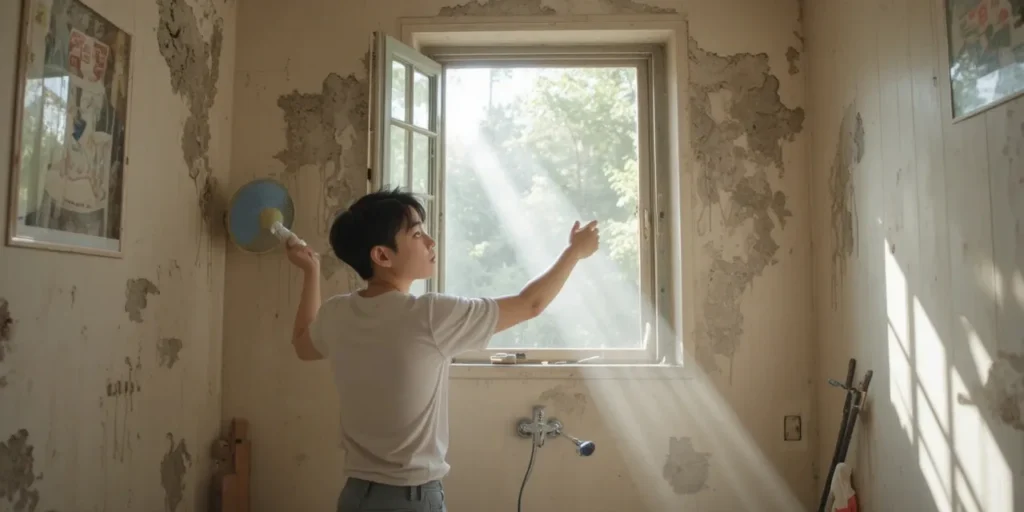 곰팡이 제거 후 자연광과 환기를 시키는 남성의 모습