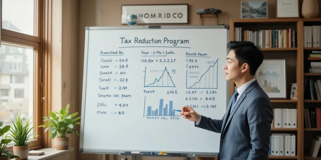 화이트보드 앞에서 세금 제도를 설명하는 모습