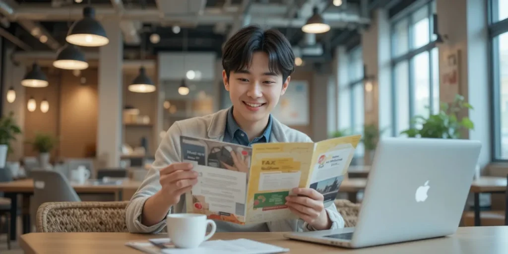 세금 혜택 안내서를 읽는 청년 창업자의 모습