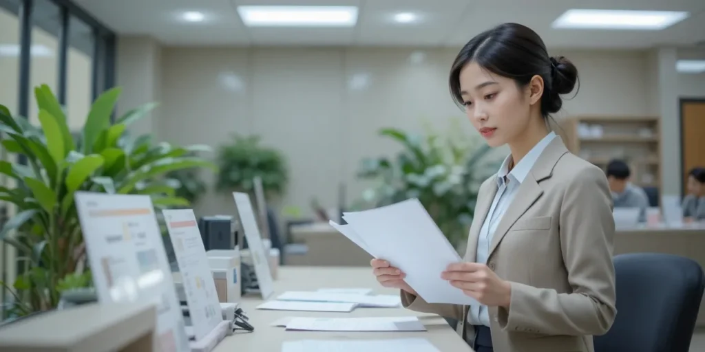 세무서 창구에 서서 서류를 제출하는 여성의 모습