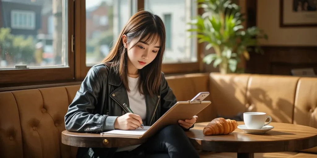 카페에서 클립보드에 체크리스트를 정리하는 여성의 모습