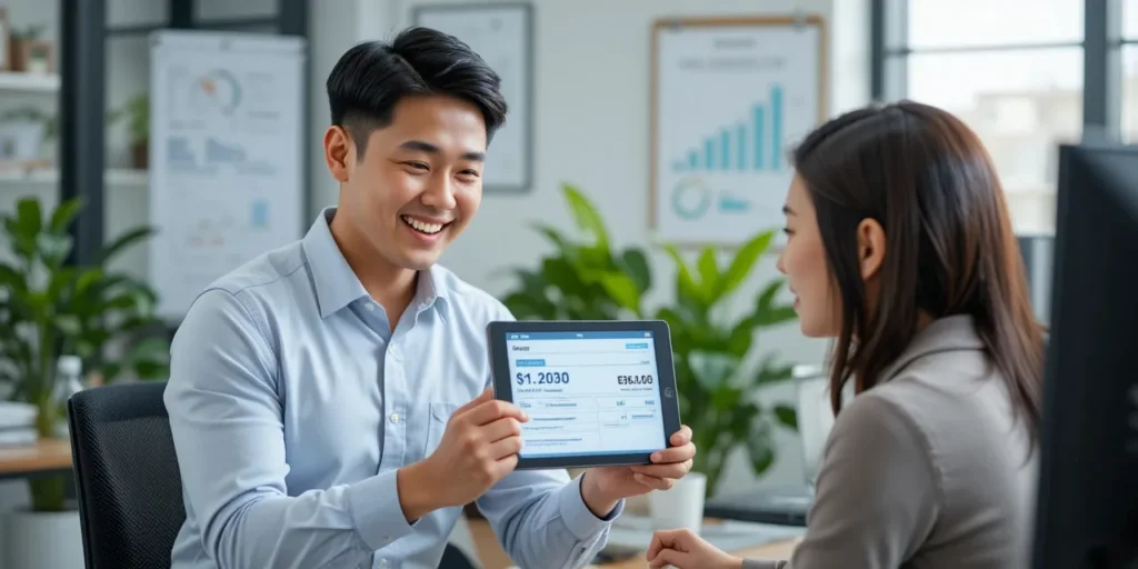 동료에게 세금 환급 금액을 보여주는 남성의 모습