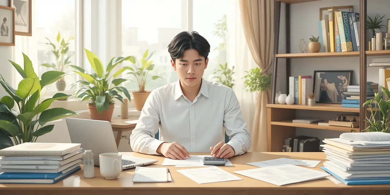 책상에서 세금 서류를 정리하는 남성의 모습
