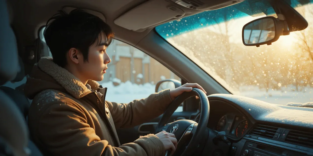 아침에 자동차 시동을 거는 남자의 모습