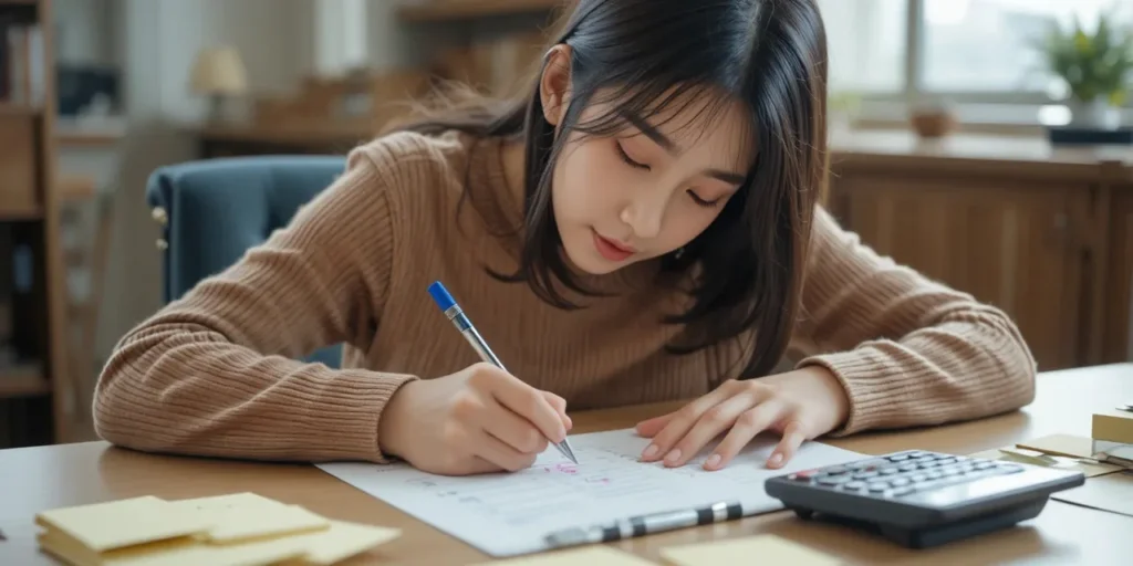 탁자 위에서 직접 펜으로 연말정산 서류 리스트를 정리하는 모습