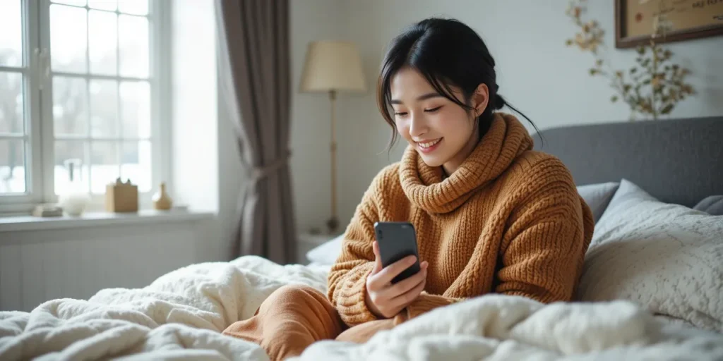 침대 위에서 스마트폰으로 연말정산 환급 상태를 확인하는 모습