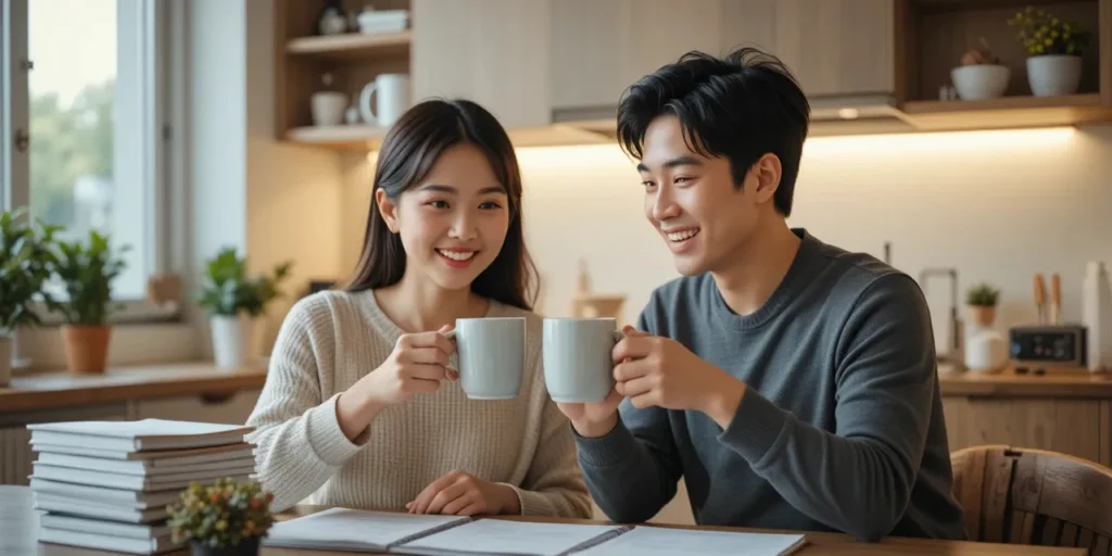 연말정산 마무리 후 여유로운 커피 타임을 즐기는 부부의 모습