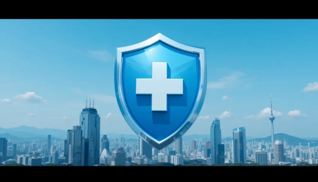 도시 위 건강보험 방패 아이콘 모습