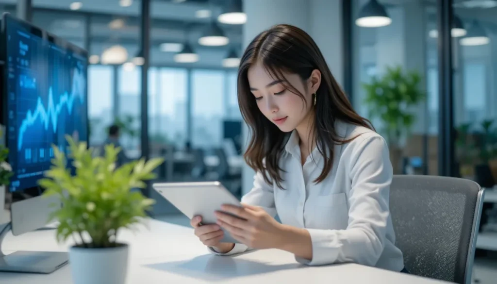 사무실에서 태블릿을으로 건강보험료 개편 정보를 확인하는 모습