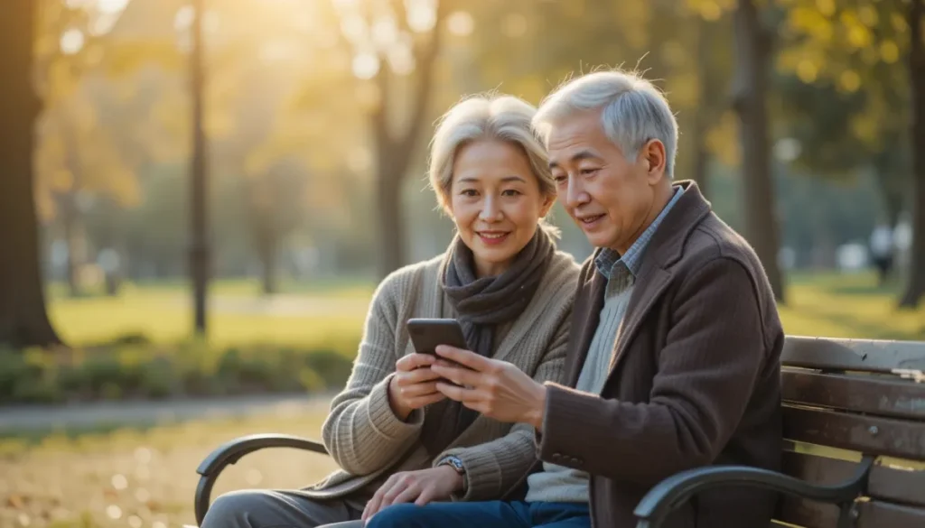 스마트폰으로 은퇴 후 자격 유지를 확인하는 노부부의 모습