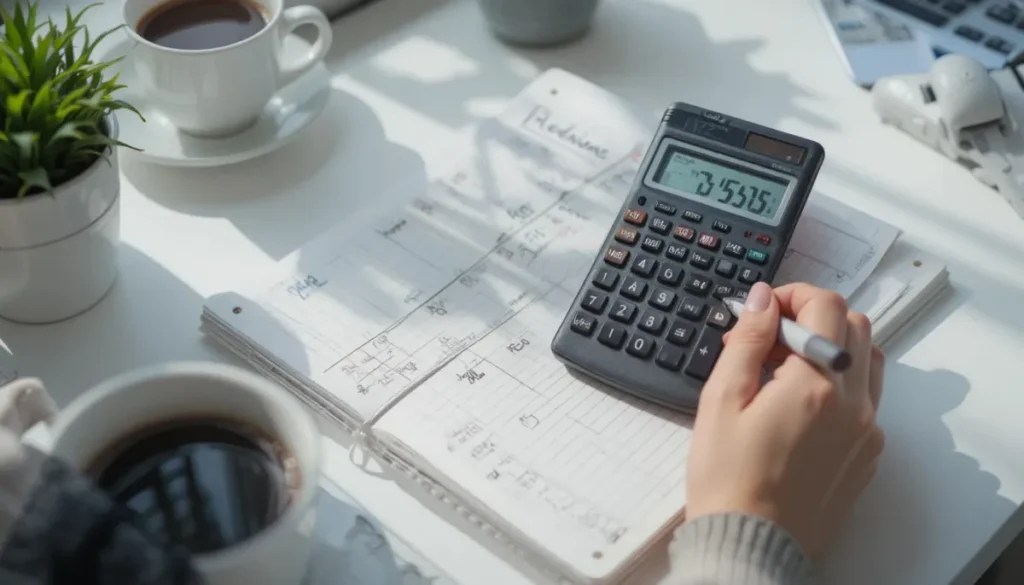 계산기로 매달 나가는 고정비를 계산하는 모습