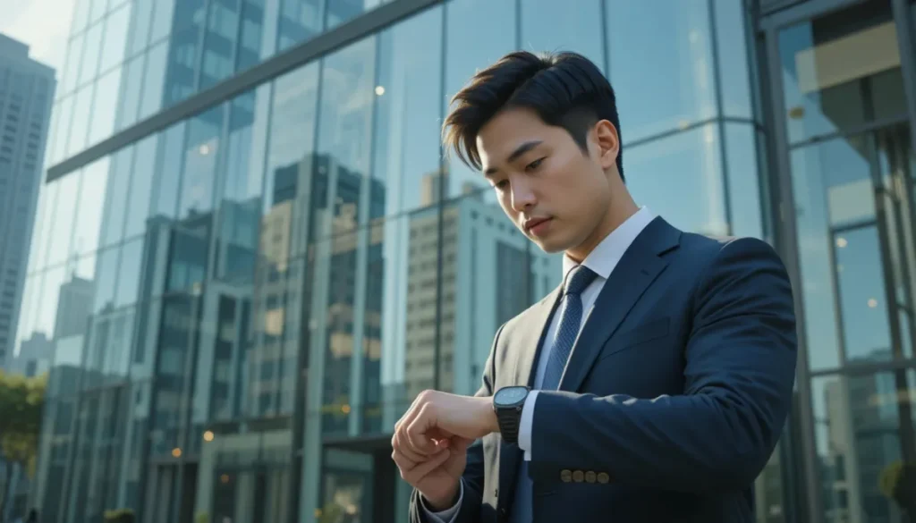도심에서 시계를 확인하며 일정을 체크하는 모습