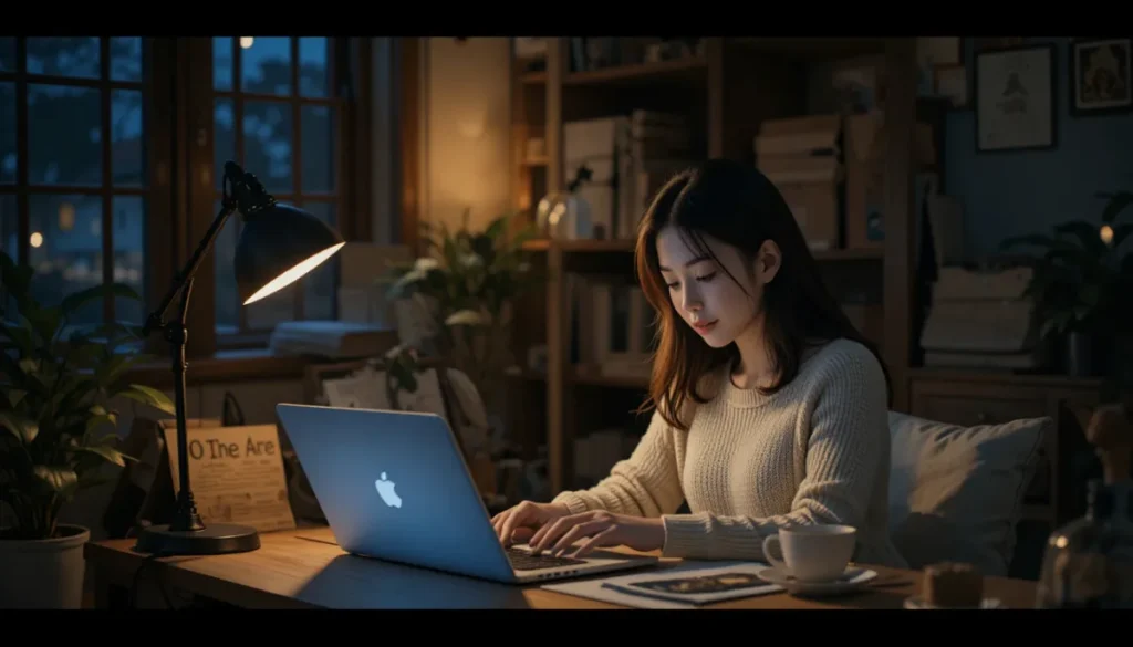 밤에 노트북으로  개인 재무를 정리하는 모습