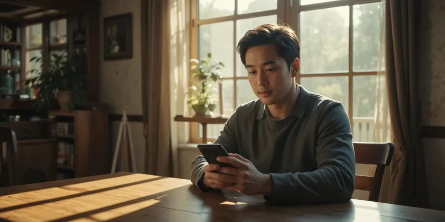 거실에서 스마트폰으로 자동차세를 확인하는 남성의 모습