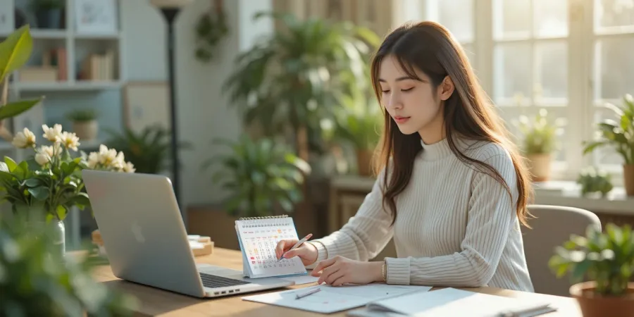 달력에 자동차세 납부 기간을 표시하는 여성의 모습