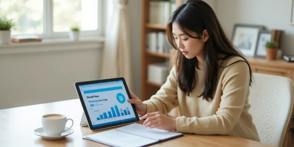 태블릿으로 혜택을 확인 중인 여성의 모습