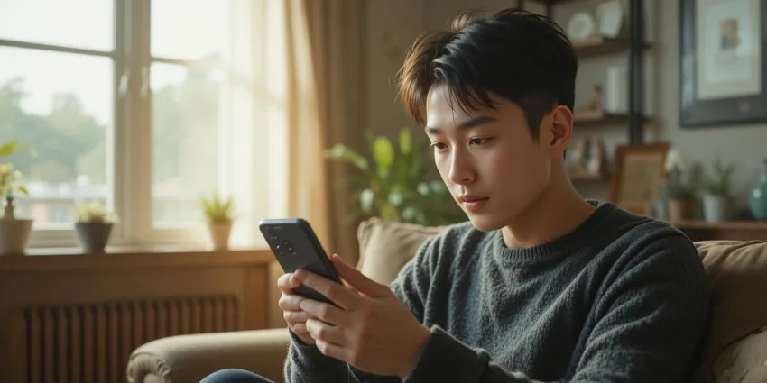 스마트폰 화면을 진지하게 확인하는 모습