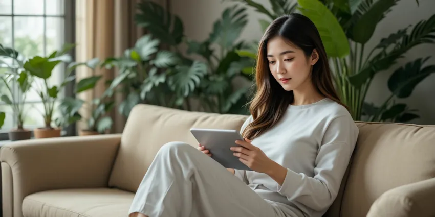 소파에 앉아 태블릿으로 남은 혜택 기간을 확인하는 모습