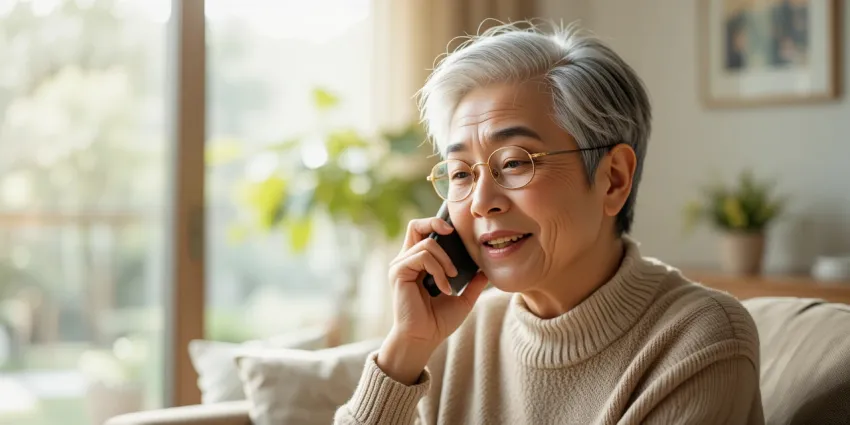 안경을 쓰고 거실에서 차근차근 앱 설정을 바꾸는 중년 여성의 모습