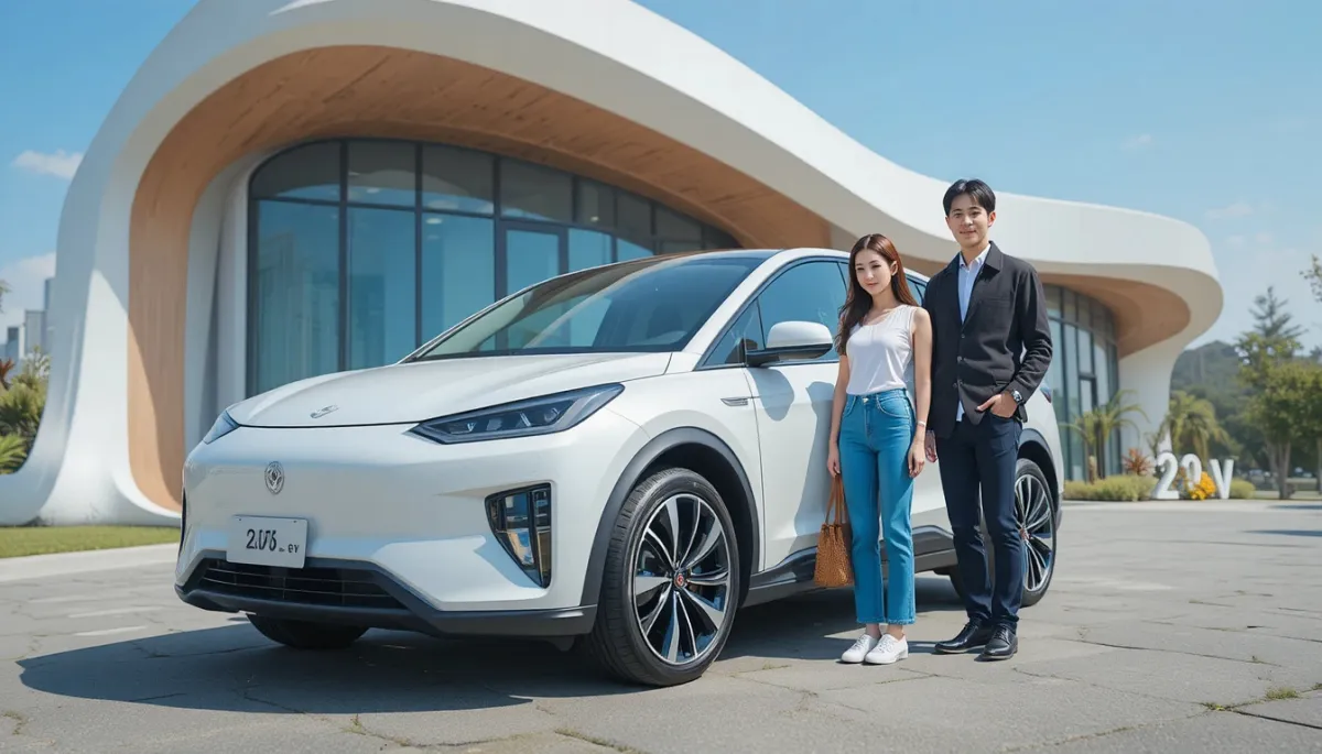 2026년형 화이트 전기차 앞에 나란히 서 있는 커플의 모습