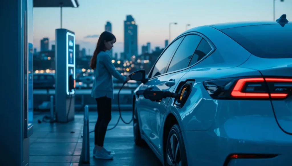 전기차를 충전소에서 차량을 충전하는 여성의 모습