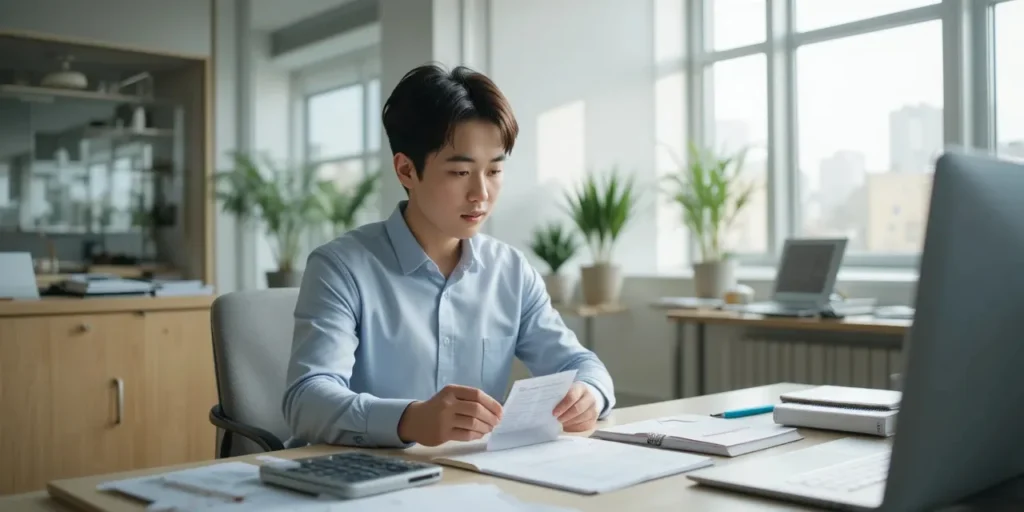 경비 처리를 위해 영수증을 분류하는 남성의 모습