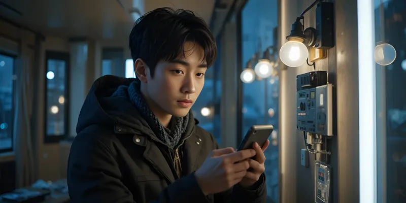 스마트폰을 이용해 전기요금을 실시간으로 체크하는 남성의 모습