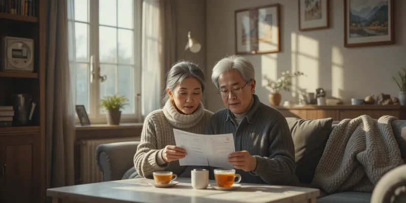 겨울철 전기요금 고지서를 확인하는 노부부 모습